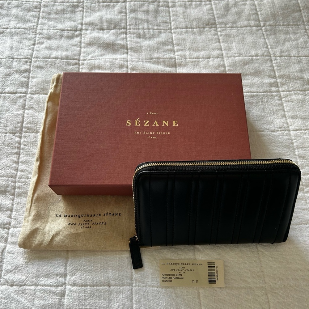 Sézane Continental Zip Wallet, black leather